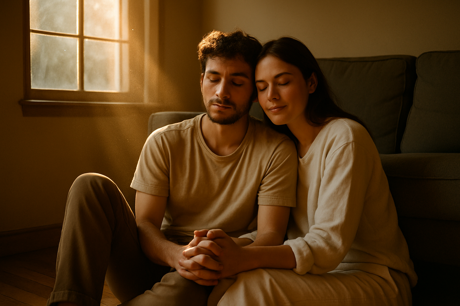 A imagem apresenta um ambiente acolhedor e suave, com luz natural filtrada criando um efeito etéreo. O casal, em tons neutros, exibe uma conexão íntima, com as cabeças inclinadas uma contra a outra, transmitindo tranquilidade e afeto. O fundo é discreto, destacando as figuras em primeiro plano.